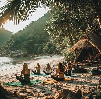 A group of people practising yoga on the beach with mountains in the backdrop - WoCAL Retreat Ke Ga