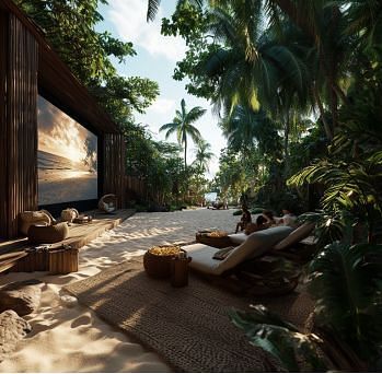 Lounging chairs placed in front of an outdoor studio screen surrounded by lush greenery