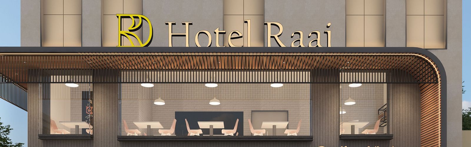 Close up image of Hotel Raai with two people standing in front of it.
