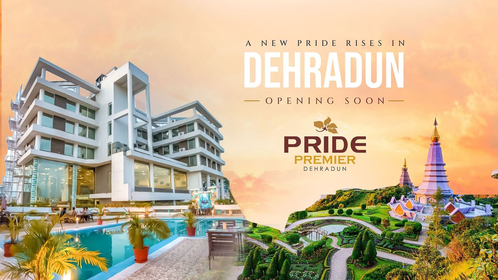 Facade of Pride Premier Dehradun with a pool and a temple on the right side, under a vibrant sky, promoting Pride Premier Dehradun opening soon.