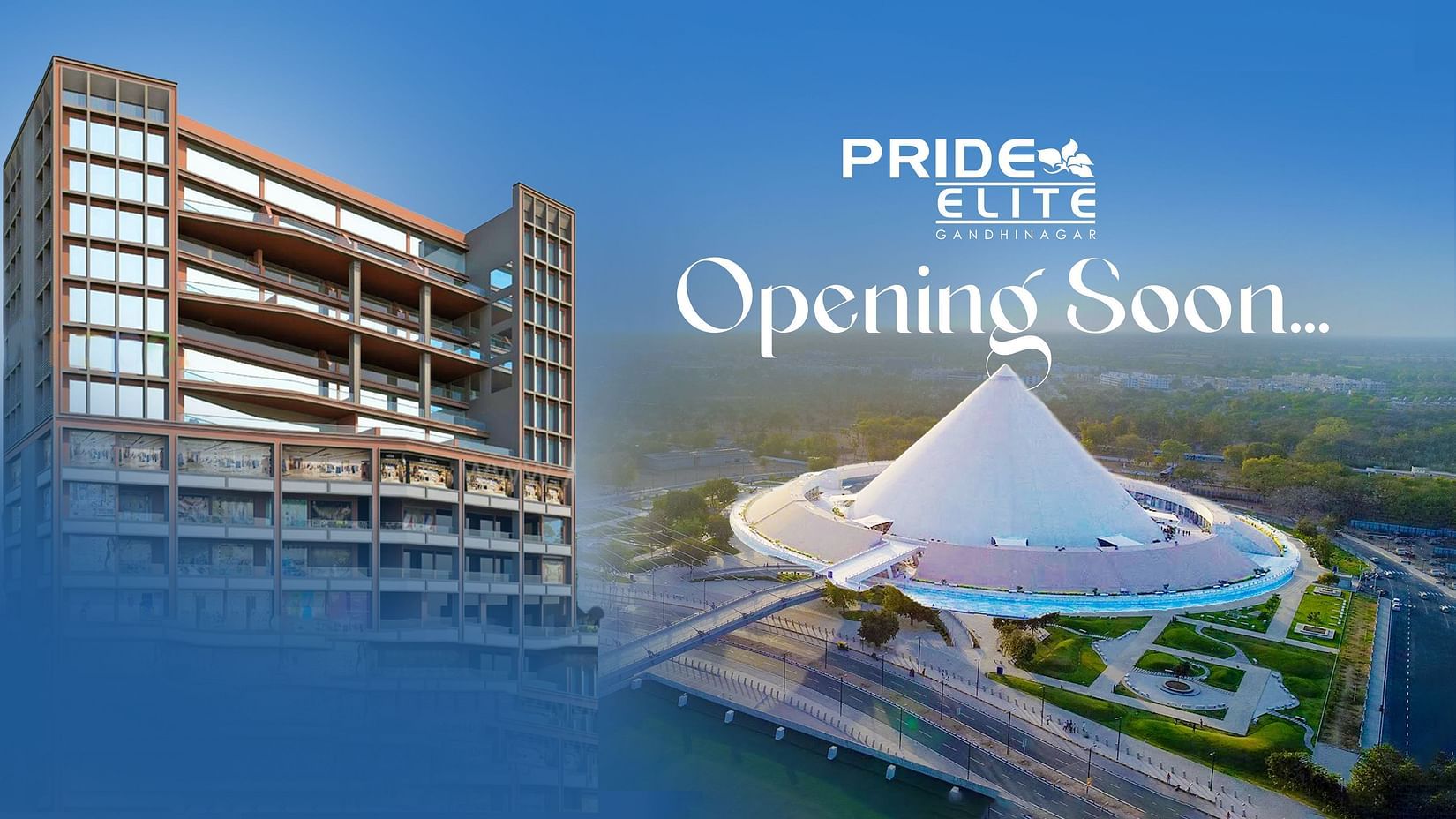 Pride Elite promotion creative featuring a multi-story building and unique circular architecture, Opening Soon text on a gradient background.