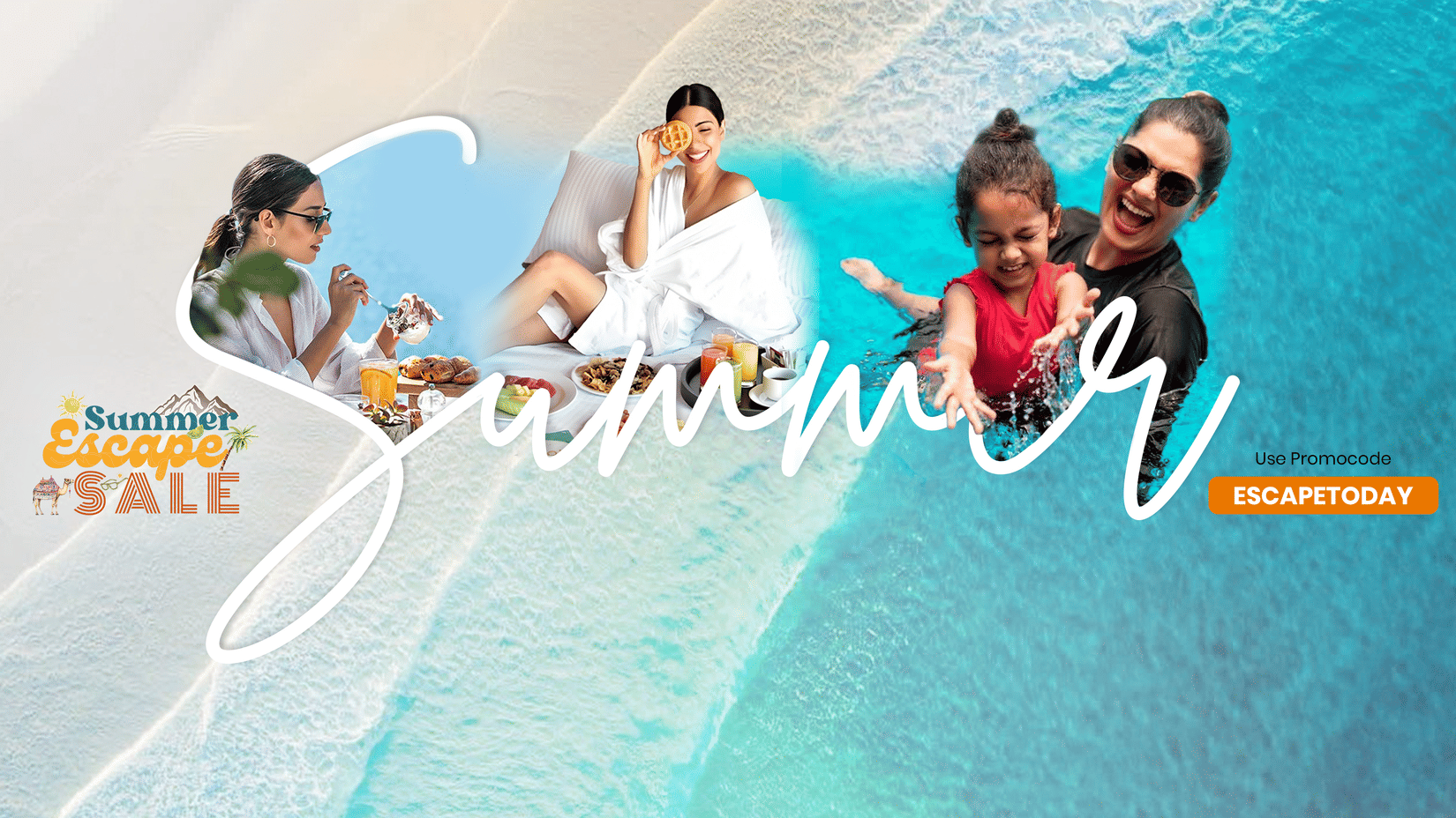 Summer Sale Escape at Pride Hotels Group featuring women having a leisure time near the pool. Use promo code ESCAPETODAY to avail this offer. 