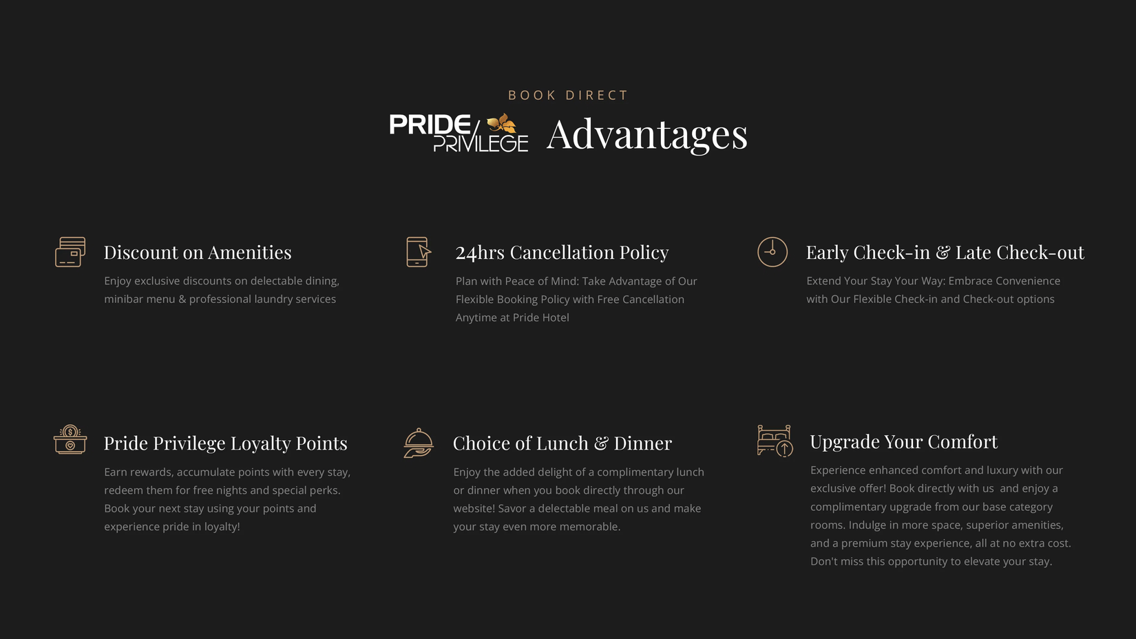 Informational display highlighting hotel amenities and guest advantages at The Pride Premier Nagpur.