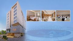 Collage of images of Biznotel by Pride Motera, Ahmedabad where the facade, a bedroom, restaurant and the banquet hall is presented.