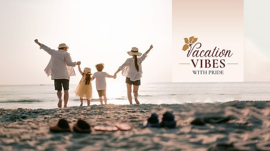 Family enjoys a joyful walk on a sandy beach at sunset, with shoes in foreground and Vacation Vibes With Pride text