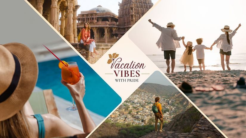 Collage of travel moments: historic temples, family beach outing, poolside drink, and a hiker overlooking a scenic townscape.