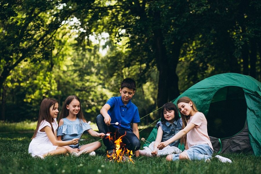 alt-text A group of kids sitting around a campfire in a forest, roasting marshmallows, with a small tent in the background.