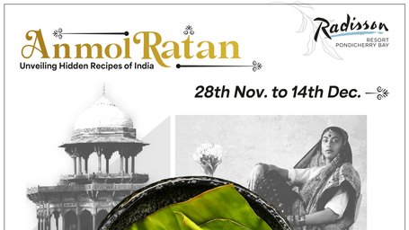 A traditional Indian dish served on banana leaves in a rustic bowl, with vintage cultural imagery promoting the Anmol Ratan heritage food festival at Radisson Pondicherry Bay.