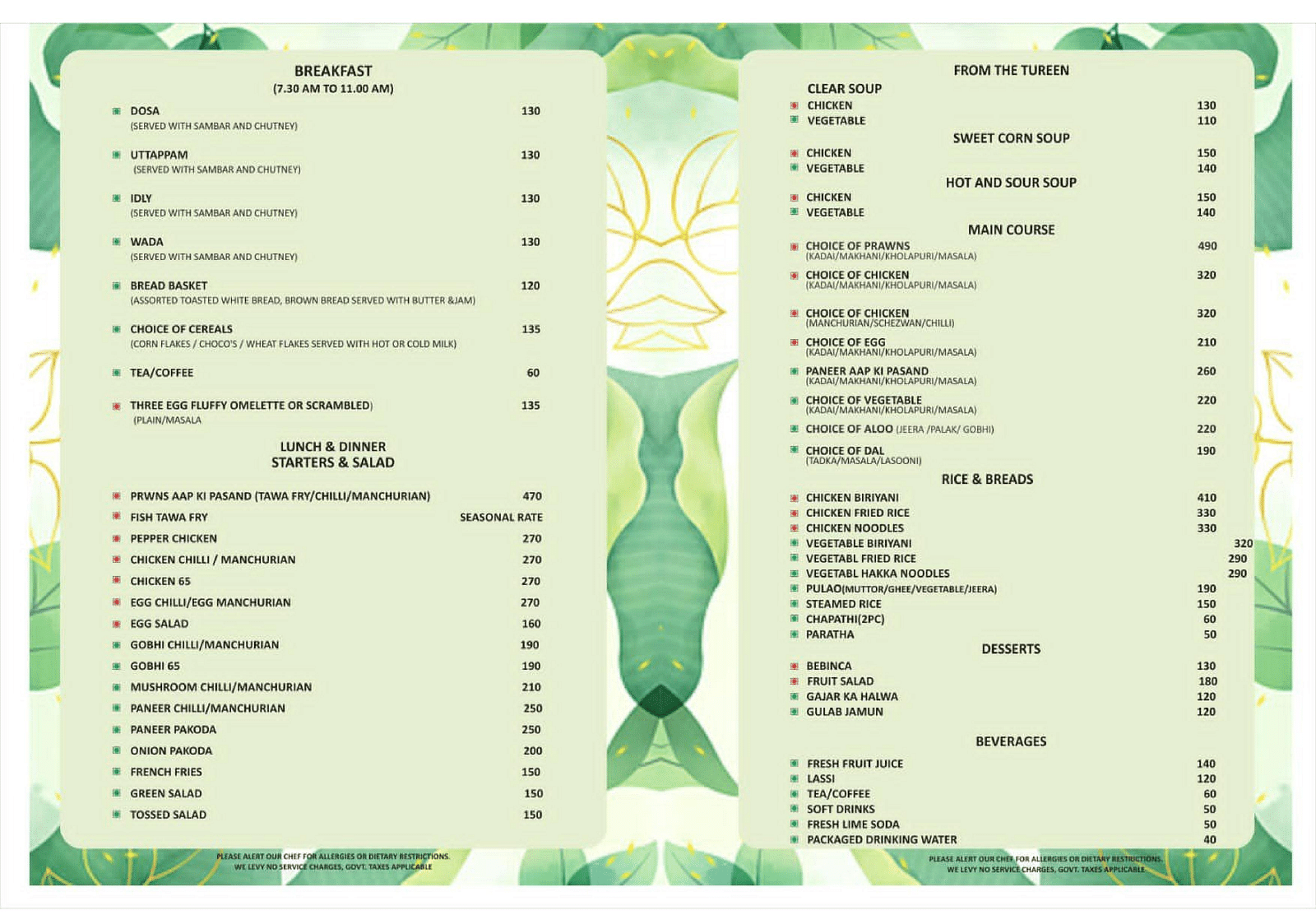 Ameya Grand menu featuring breakfast, lunch and dinner, soup, main course, rice and breads desserts and beverages