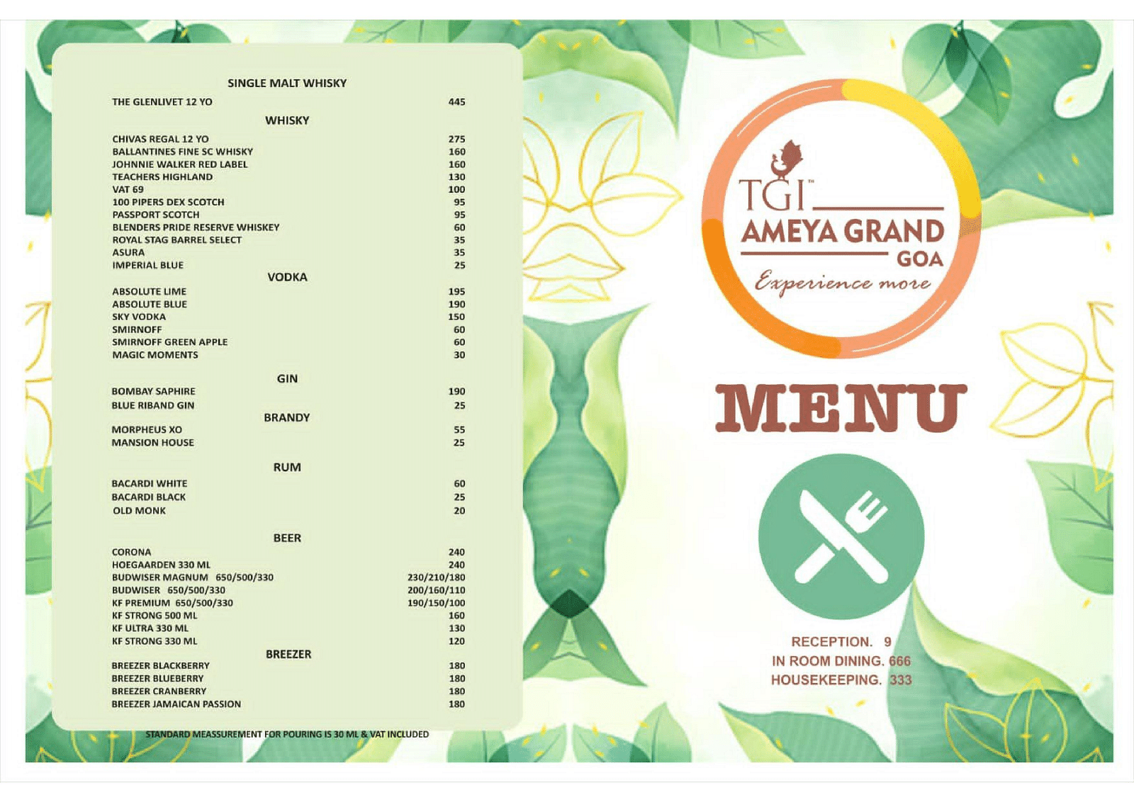 Ameya Grand menu cover along with the last page of the menu displaying alcoholic beverages