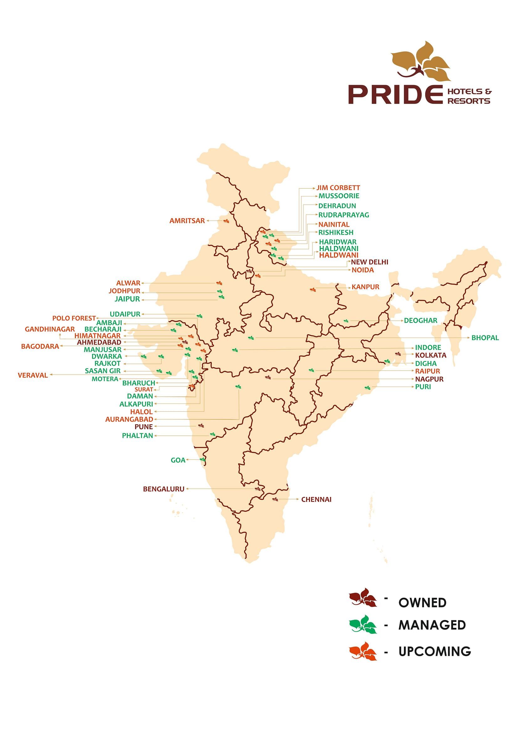 Map of India showing the locations of Pride Hotels Group properties, marked as Owned, Managed, and Upcoming across various cities.