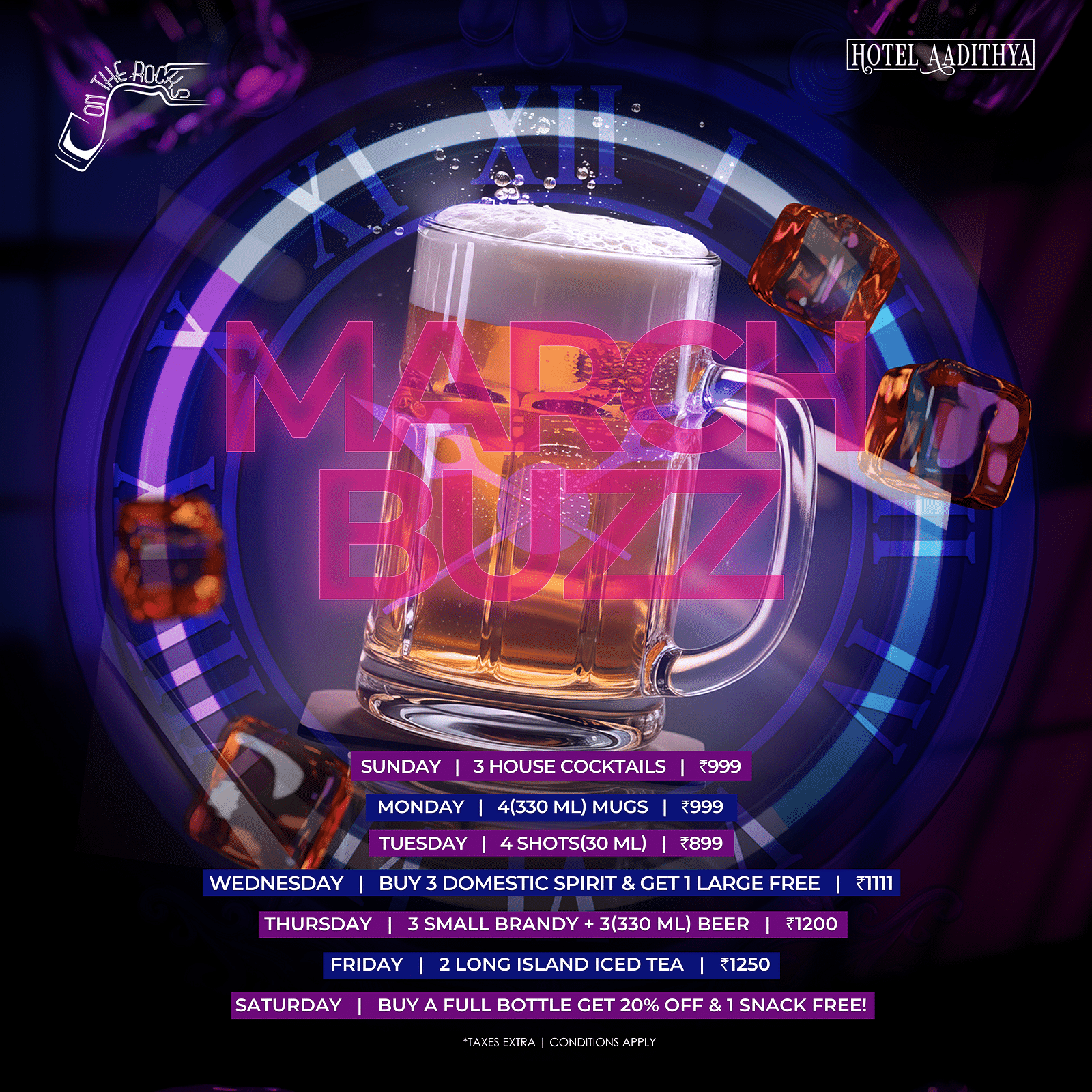 A image of a creative of March offering various beverages and hard drinks at On The Rocks resto bar at Hotel Aadithya