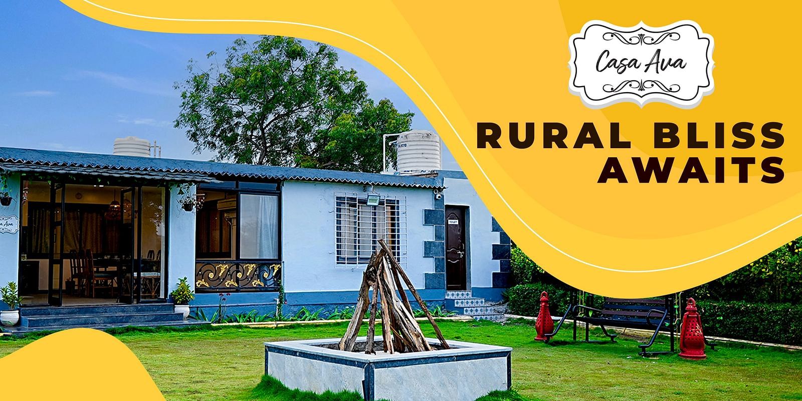 An image of a one storeyed building and a set up for bonfire at the lawn  | Diamond Parks, Pune