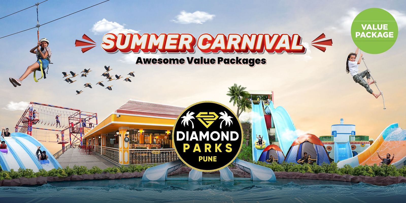 A graphics card which shows various adventures and fun activities that's going to happen in the summer canival | Diamond Parks, Pune