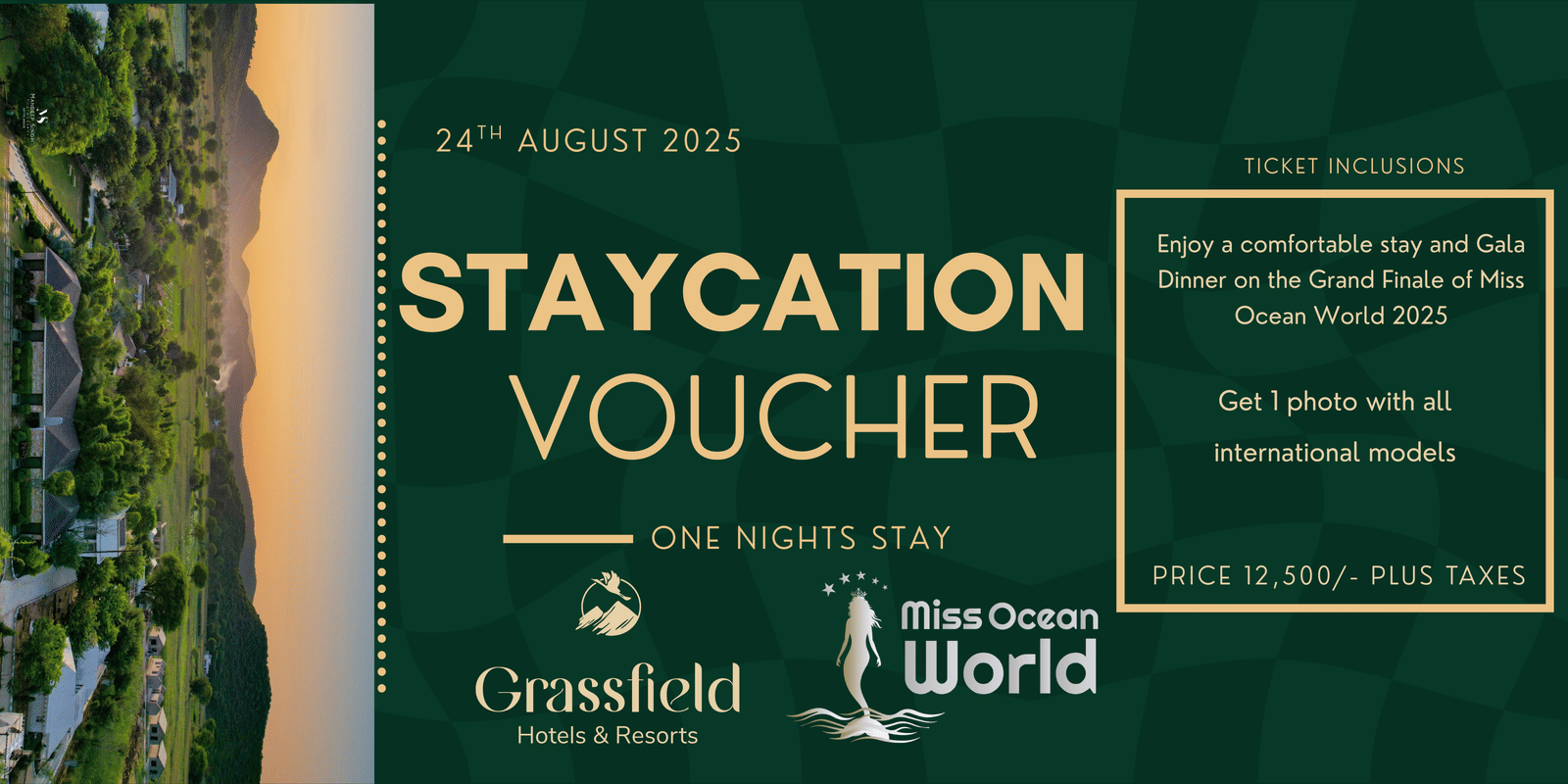 Voucher for a special one night staycation at Grassfield Resorts with gold text and a green background.
