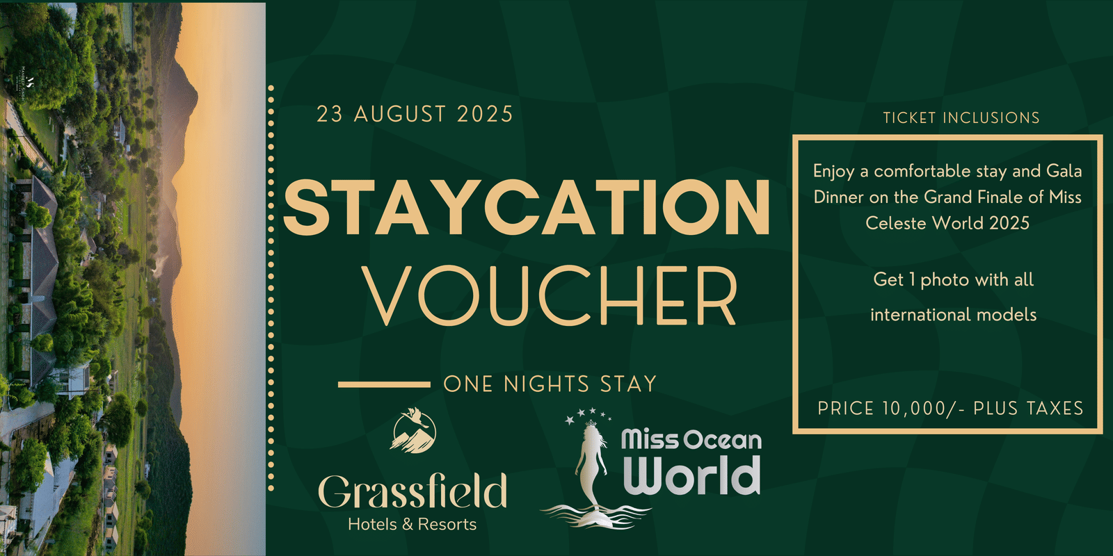A staycation voucher for one night at Grassfield Resorts, featuring gold text and an elegant design.