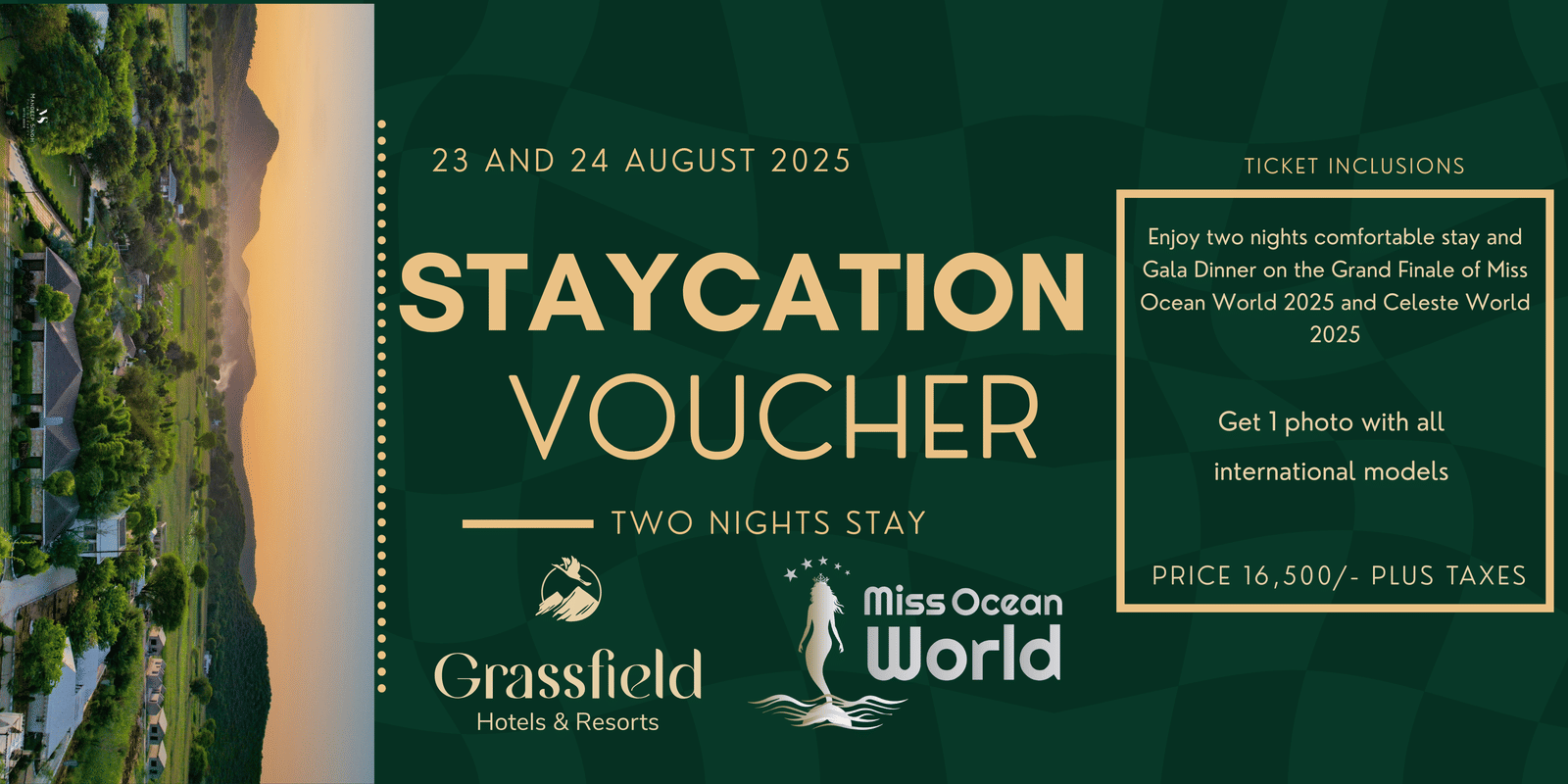 This staycation voucher provides a relaxing one night and two day package at Grassfield Resorts.