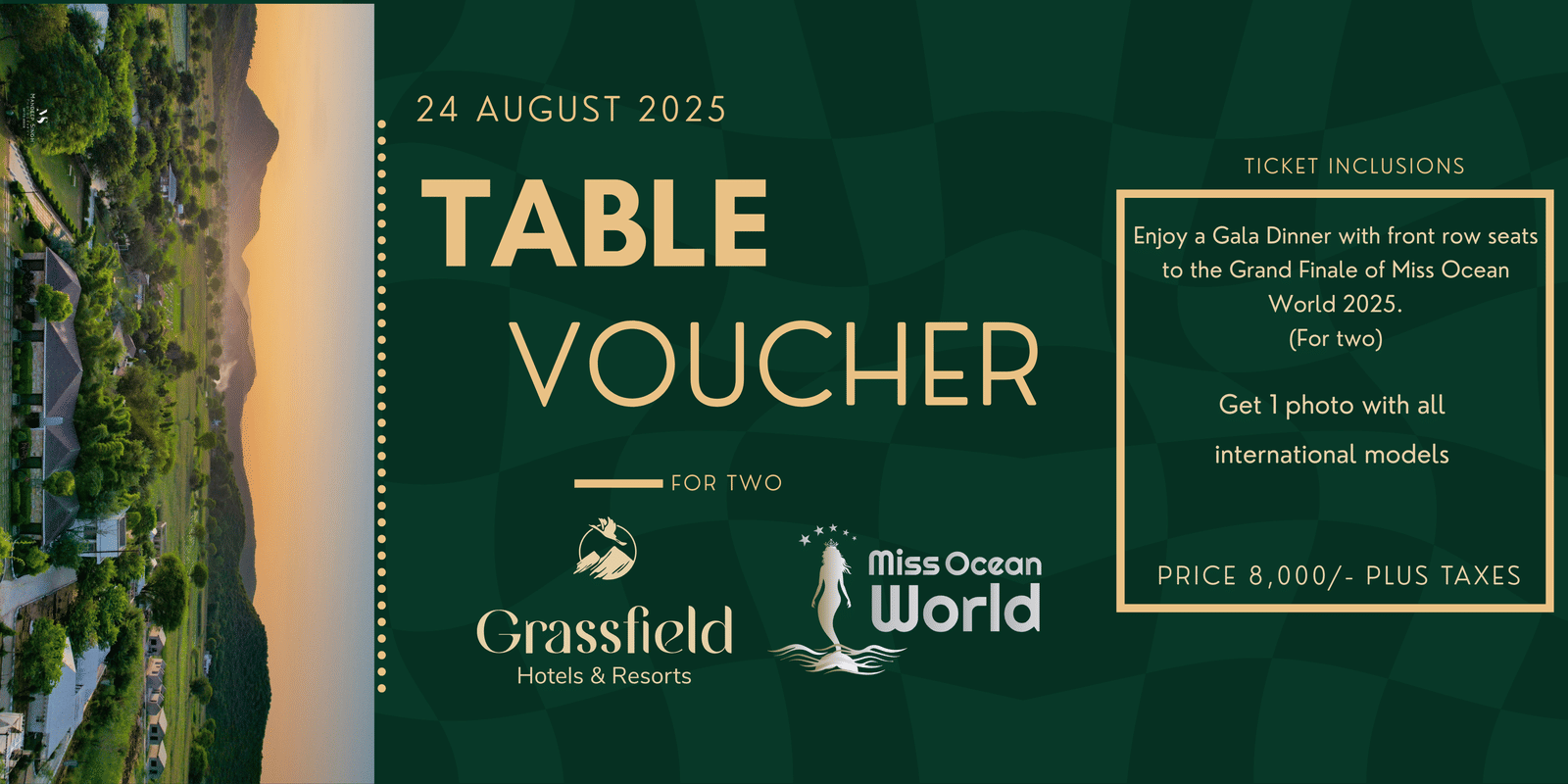 This is a table voucher for the Grand Finale of the Dream World 2025 event, in gold and green.