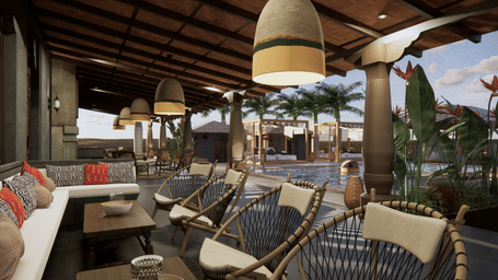 An outdoor lounge with seating, hanging lights, and a view of a pool and cabanas - Rhino and River BluSalzz Collection, Pobitora