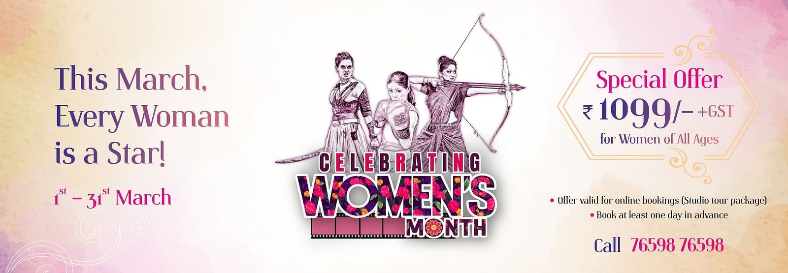 Promotional image for Women's Day month offer at Ramoji Film City, showcasing the special package details and discounts for women