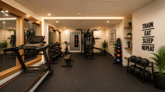 Fitness centre at Tulip Inn, Hoodi Whitefield, Bengaluru, with treadmills, free weights, exercise balls, and wall lettering.