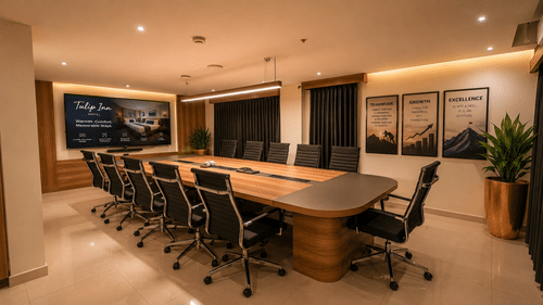 Carnation meeting room at Tulip Inn, Hoodi Whitefield, Bengaluru, featuring a conference table surrounded by swivel chairs, framed pictures, and potted plants.