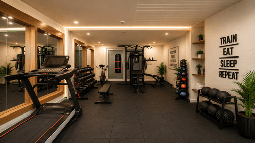 Fitness centre at Tulip Inn, Hoodi Whitefield, Bengaluru, with treadmills, free weights, exercise balls, and wall lettering.