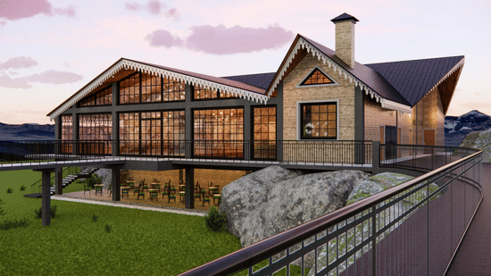 A facade image of an attic style banquet hall and a pathway at the front of the building- Polo Cherrapunjee Resort