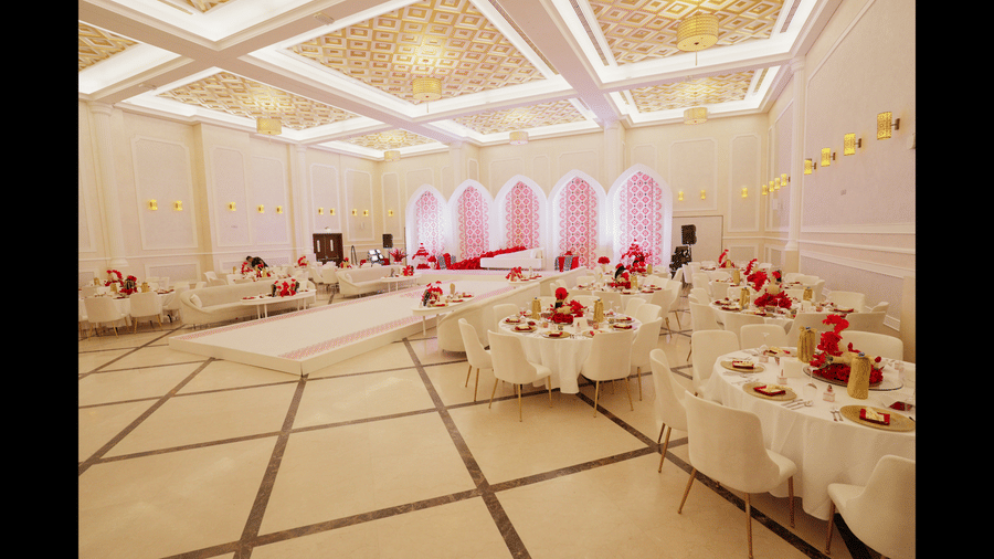 Corner view of an elegantly decorated banquet hall at La Maison, Doha, with round tables set for a formal event.