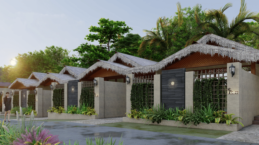 Symphony Palms Beach Resort And Spa's Havelock Pool Villas with several villas and trees in the backdrop.