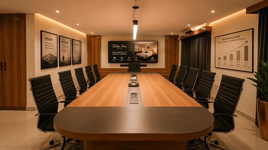 Carnation conference room at Tulip Inn, Hoodi Whitefield, Bengaluru, with a long wooden table, executive chairs, wall art, and a digital display screen.