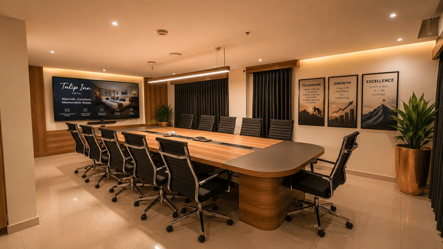 Carnation meeting room at Tulip Inn, Hoodi Whitefield, Bengaluru, featuring a conference table surrounded by swivel chairs, framed pictures, and potted plants.