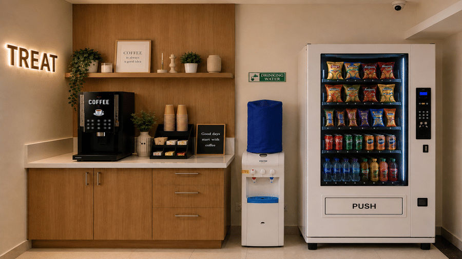 Coffee pantry at Tulip Inn, Hoodi Whitefield, Bengaluru, with a vending machine, a water dispenser, a coffee maker, and counter storage.
