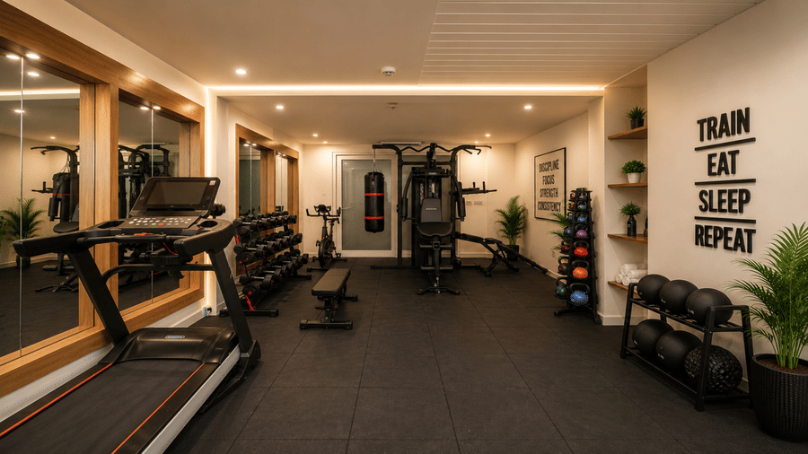 Fitness centre at Tulip Inn, Hoodi Whitefield, Bengaluru, with treadmills, free weights, exercise balls, and wall lettering.