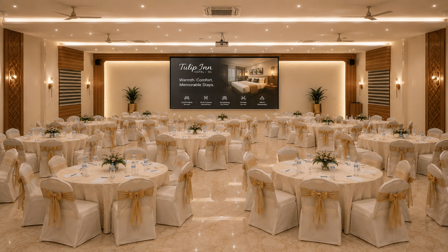 Lavender banquet room at Tulip Inn, Hoodi Whitefield, Bengaluru, displaying round tables, chairs, and a large electronic screen on the wall.