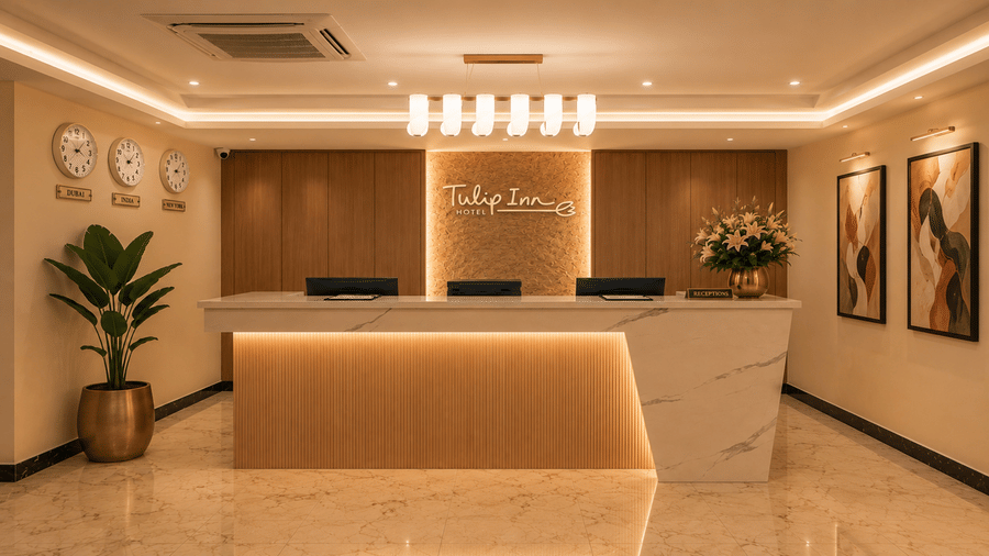 Reception area at Tulip Inn, Hoodi Whitefield, Bengaluru, displaying a front desk, wall clocks, artwork, and a potted plant.