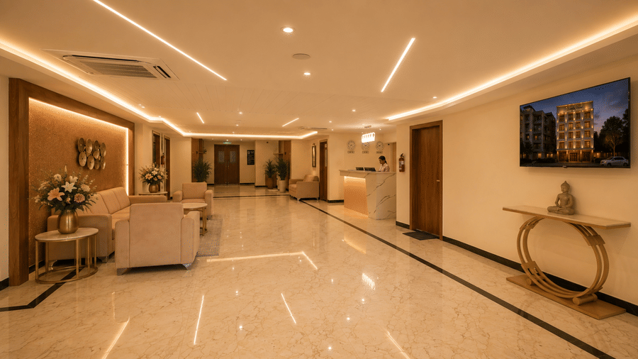 Hotel lobby at Tulip Inn, Hoodi Whitefield, Bengaluru, showing seating areas, tiled flooring, strip lighting, and a television screen.