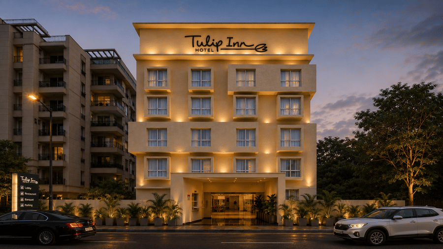 Exterior view of Tulip Inn, Hoodi Whitefield, Bengaluru at night, with building illumination, windows, trees, and parked cars.