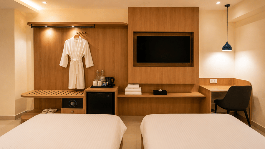 Guest Room at Tulip Inn, Hoodi Whitefield, Bengaluru, showing 2 single beds, a wall-mounted television, a bathrobe, and a work desk.