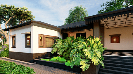 A house with a traditional design, a small pond, and lush green plants in the foreground - Rhino and River BluSalzz Collection, Pobitora