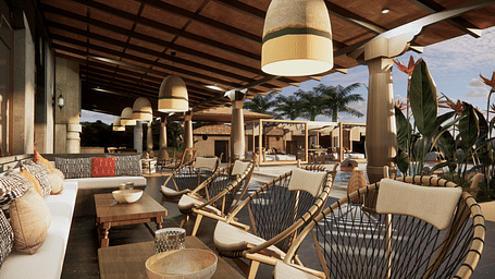 An outdoor lounge area with chairs, a sofa, hanging lights, and plants, under a covered patio - Rhino and River BluSalzz Collection, Pobitora