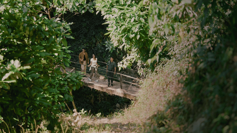 Guests walking across a wooden bridge on a lush forest trail at Mayfair Manor, Jungpana.