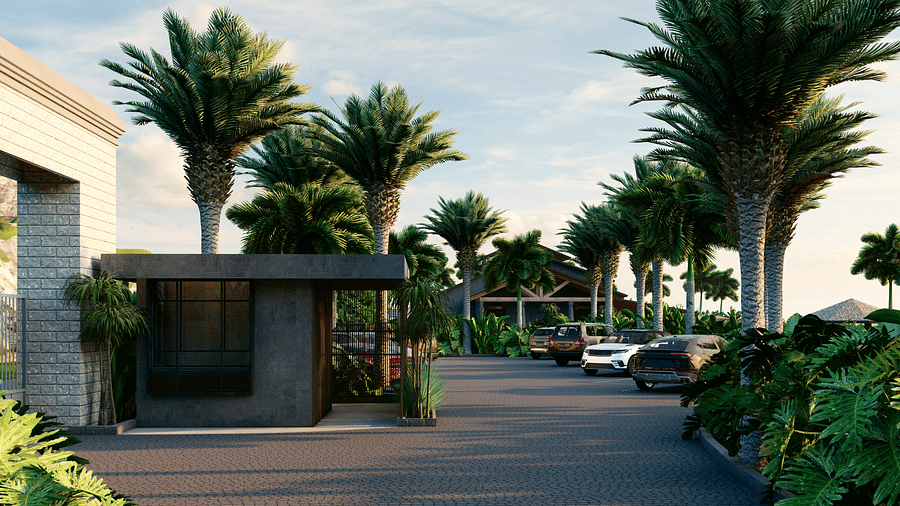 A small building with a dark entrance, surrounded by palm trees and parked cars - Rhino and River BluSalzz Collection, Pobitora
