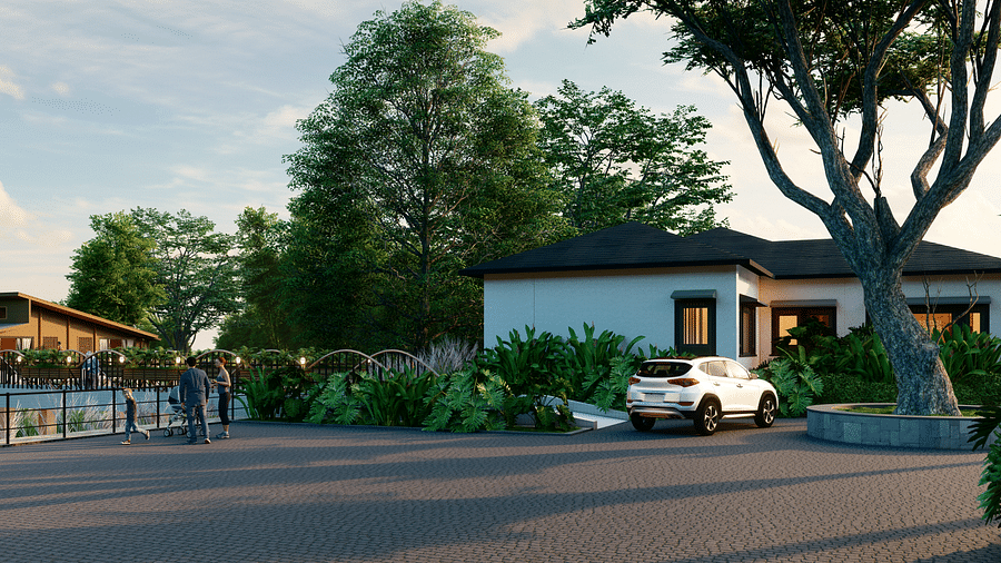 A house with a car parked in front, surrounded by trees and greenery - Rhino and River BluSalzz Collection, Pobitora