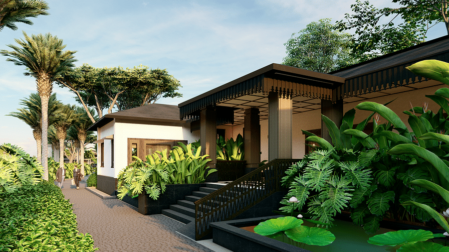 A building with a covered entrance, surrounded by lush plants and palm trees, with a pathway leading to it  - Rhino and River BluSalzz Collection, Pobitora
