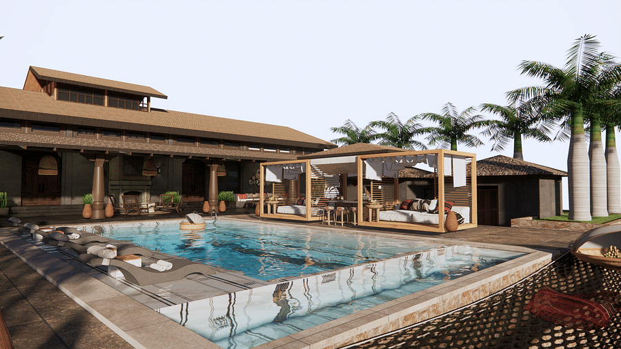 A building with a swimming pool, cabanas, and palm trees in a sunny outdoor setting - Rhino and River BluSalzz Collection, Pobitora