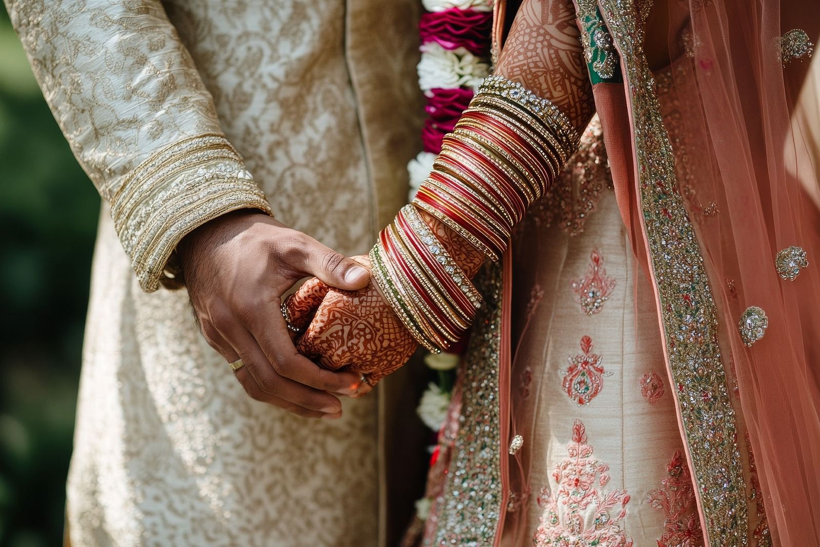 A couple holding hands adorned with intricate henna and wedding bangles, symbolizing their union in a post-wedding ritual.