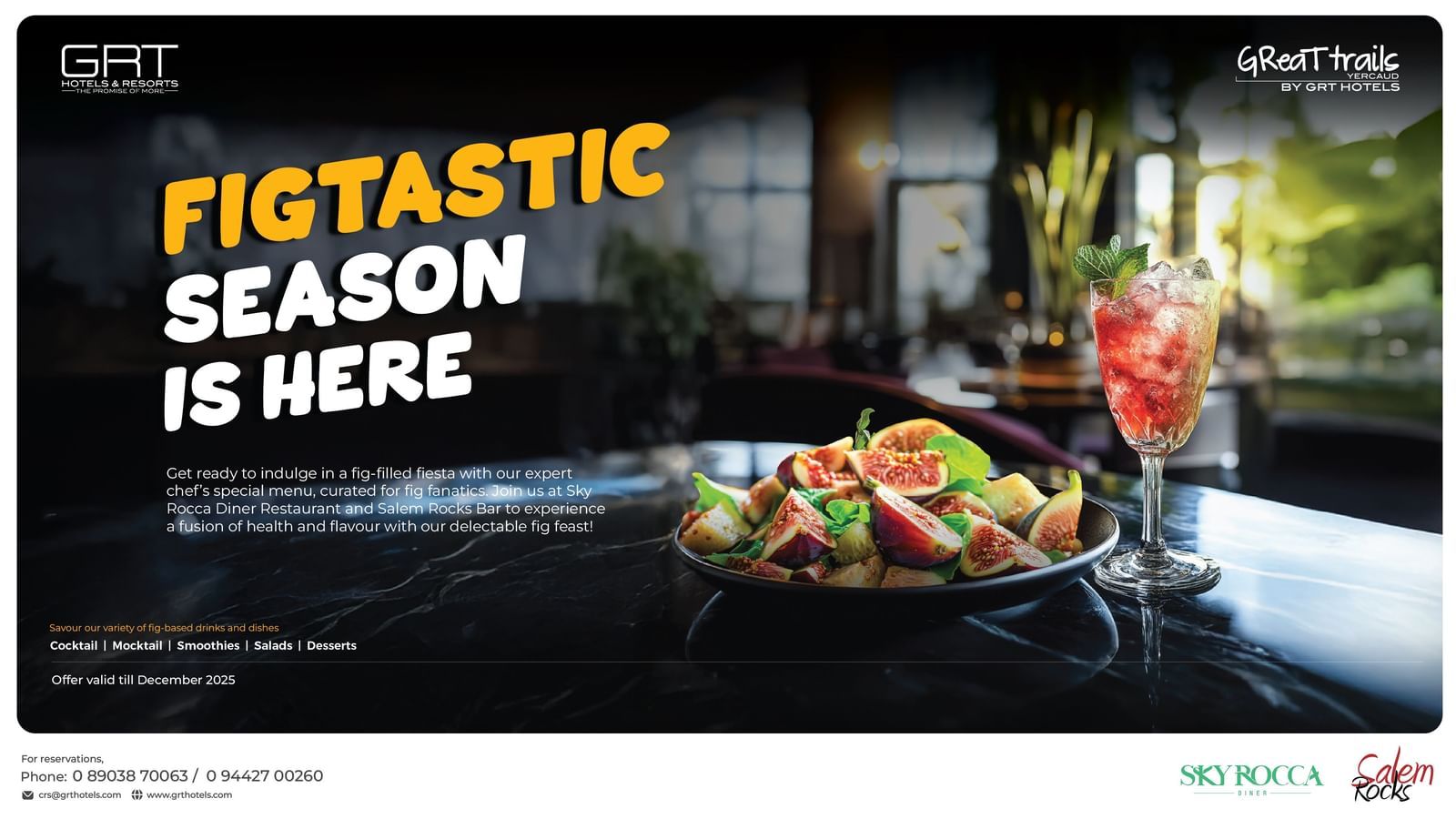 Promotional creative for FIGTASTIC SEASON IS HERE showing a plate of sliced figs next to a tall red cocktail glass & restaurant logo.