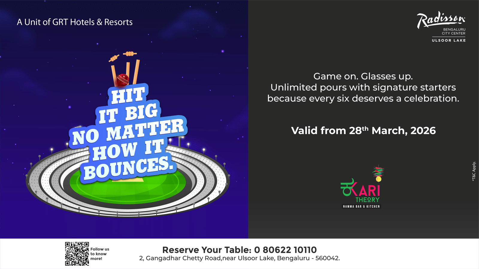 Cricket season offer at Kari Theory Radisson Bengaluru Ulsoor Lake with unlimited pours and starters, valid from 28 March 2026
