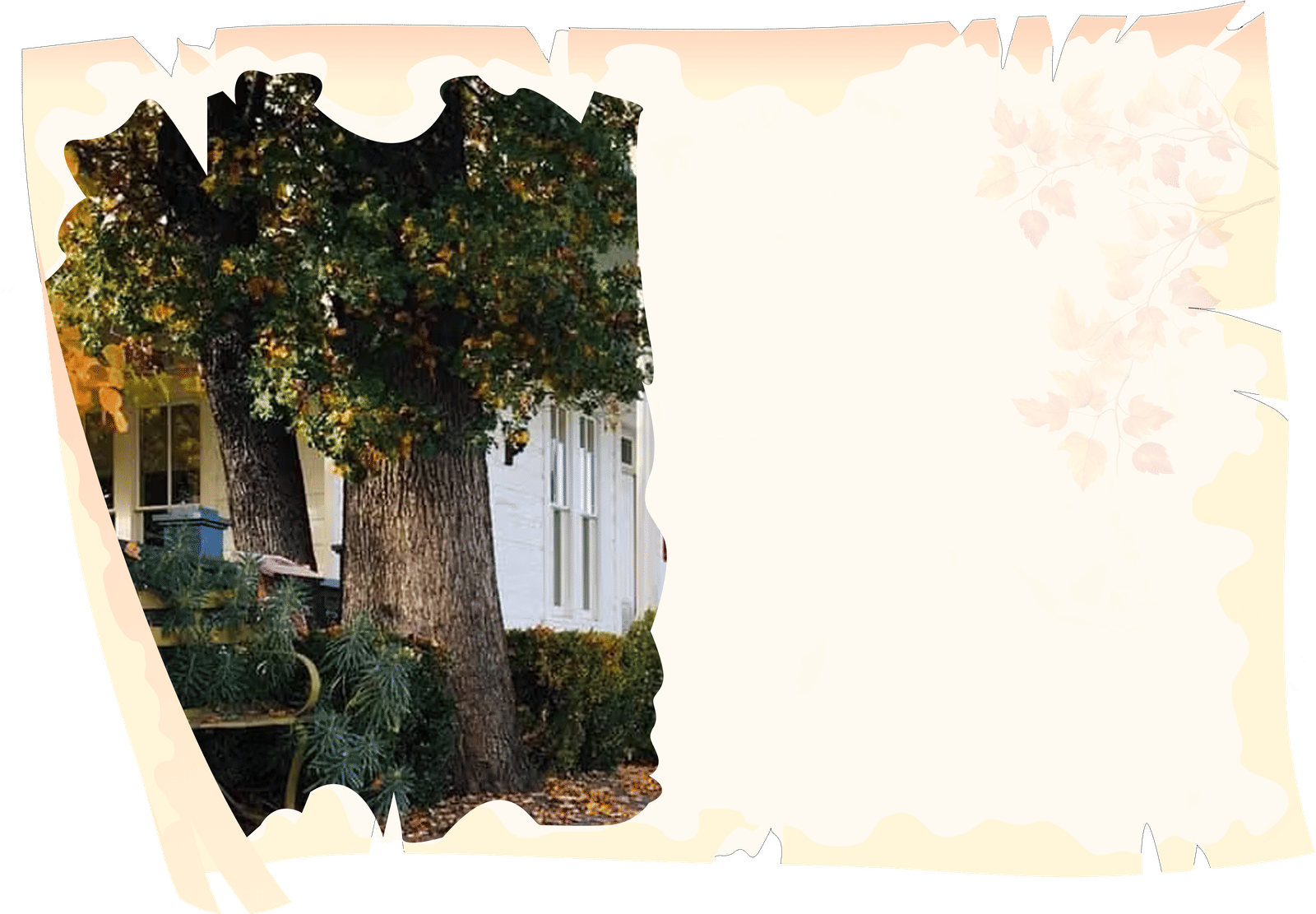 A watercolour illustration of the Tallman Hotel showing its façade, front porch, and tall trees in front.